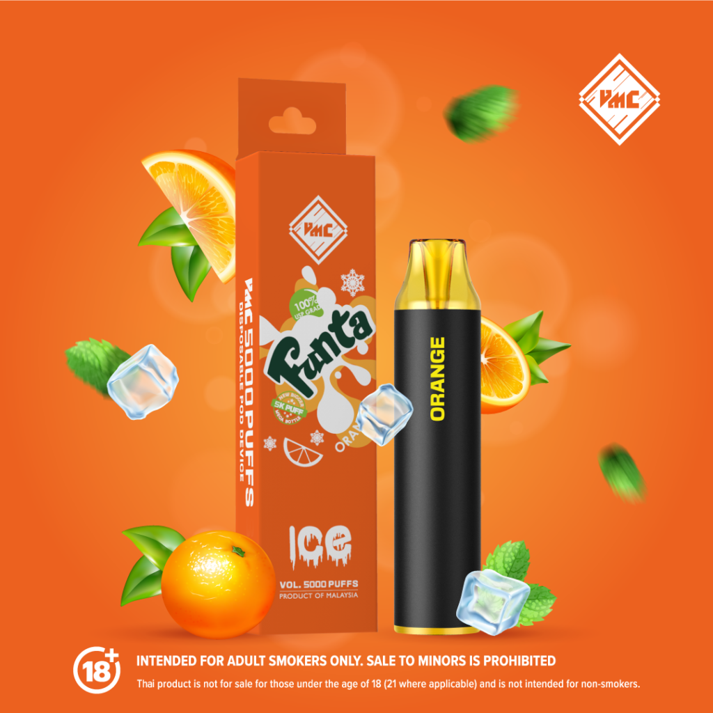 VMC 5000 Puffs บุหรี่ไฟฟ้าใช้แล้วทิ้ง Funta Orange (แฟนต้าน้ำส้ม)